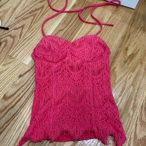 Bright coral mesh halter top